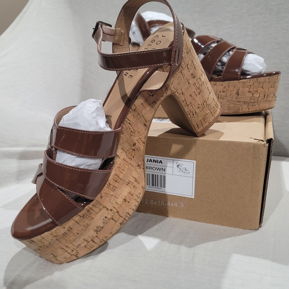 Journee Collection Jania Cork Platform Sandals, Brown Patent, Size 12 NIB - Picture 4 of 10